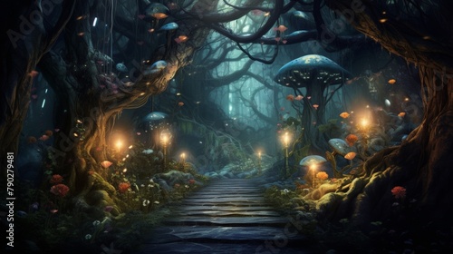 A mystical forest path lined with twinkling lights and mystical creatures, leading to an enchanted world right out of a fairy tale