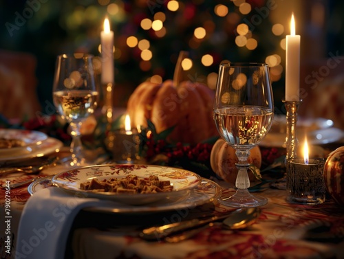 A table with a dinner setting with a pumpkin on the table. The table is set with wine glasses  a plate of food  and candles