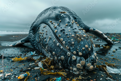 A scene of a whale washed ashore, its stomach full of plastic waste, underscoring the fatal conseque photo