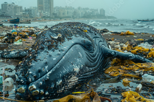 A scene of a whale washed ashore, its stomach full of plastic waste, underscoring the fatal conseque