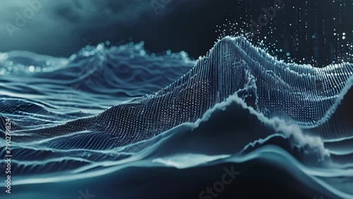 A computer generated Video depicting the forceful breaking of a large wave in the ocean, crashing onto the shore, Sea waves composed of binary code