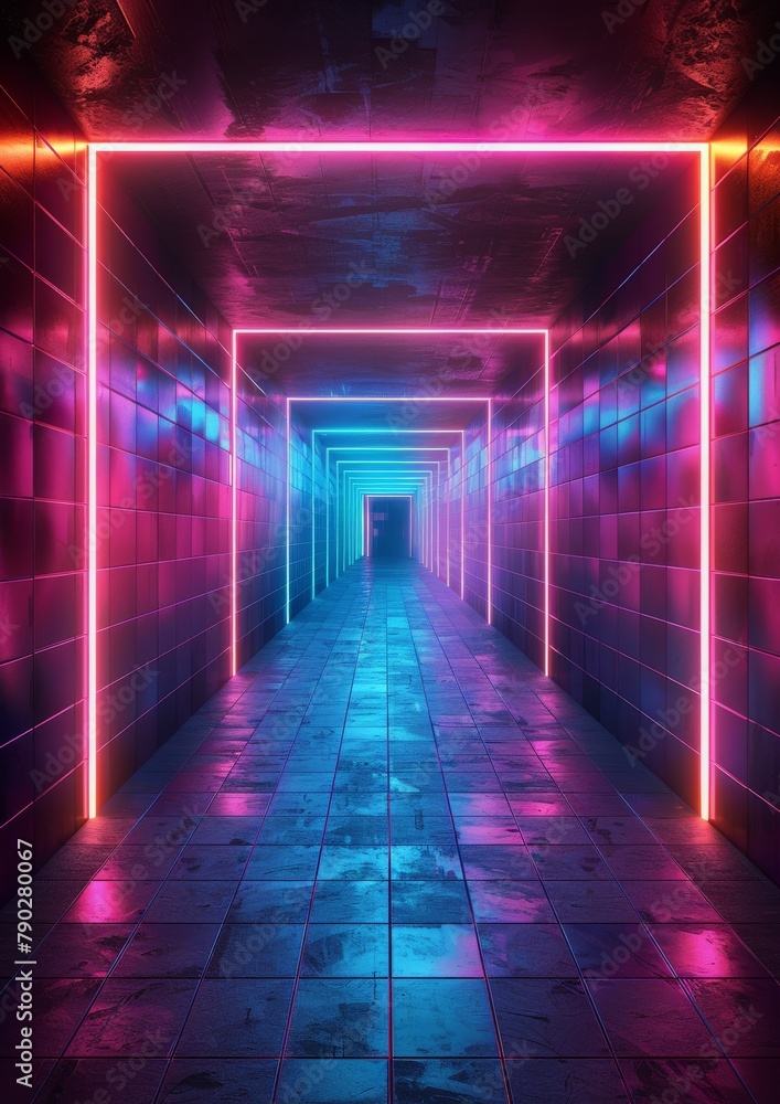 Neon-Lit Hallway With Tiled Floors Neon-Lit Hallway With Tiled Floors