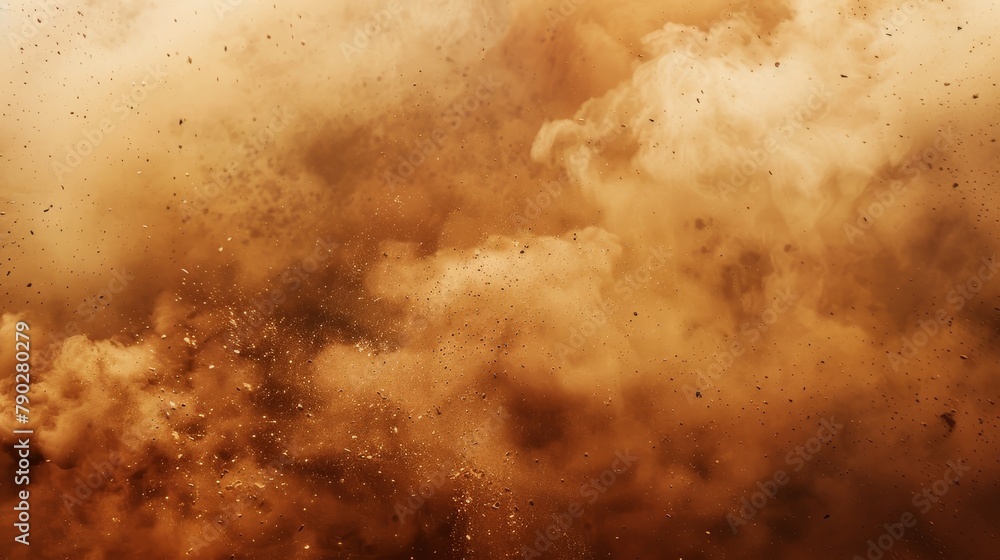 Three-dimensional illustration depicting brown dust, smoke, and sand clouds during a sandstorm or wind storm in the desert. Texture of powder and dirt particles flying in the air, modern realistic