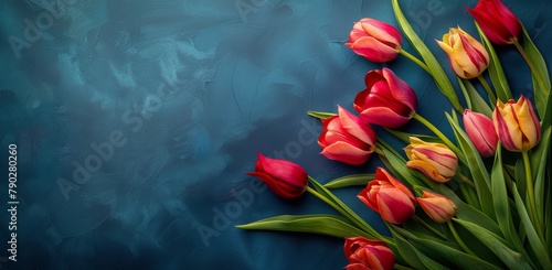 Bouquet of Red and Yellow Tulips on Blue Background