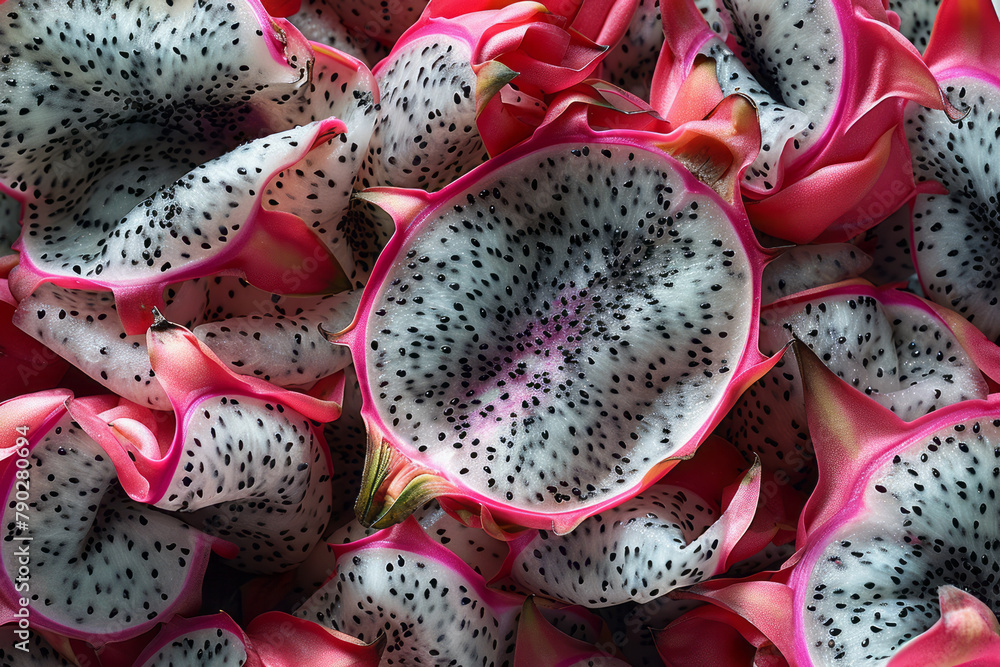 An image capturing the use of a halved dragon fruit to make exotic prints on a series of summer dres