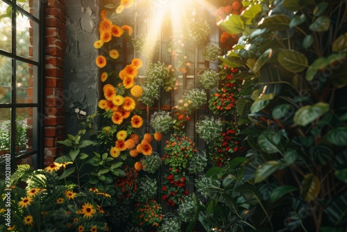 A vibrant urban garden wall blooming with sunflowers and mixed foliage bathed in warm sunlight.