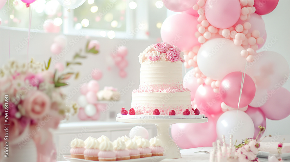 Elegant baby shower setup for a girl pink and white colors, a dessert table Elegant baby shower setup for a girl pink and white colors, a dessert table