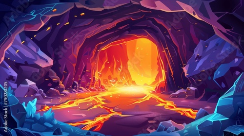 Cartoon modern hell scene with orange volcanic magma flow. Background with dark underground mystery tunnel hole entrance in mountain. Cave with molten lava and sparks fantasy game.