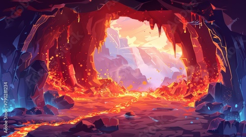 A cartoon cave with a lava river inside it. Illustration showing the flow of magma inside a rocky mountain. Volcano interior with splashes and sparkles.
