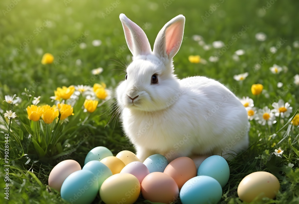 Generative AI illustration of cute Easter bunny, eggs on spring green background, flowers Generative AI illustration of cute Easter bunny, eggs on spring green background, flowers