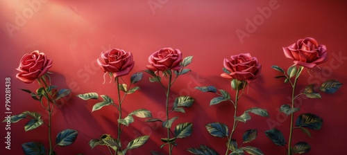 Row of Pink Roses on Red Wall