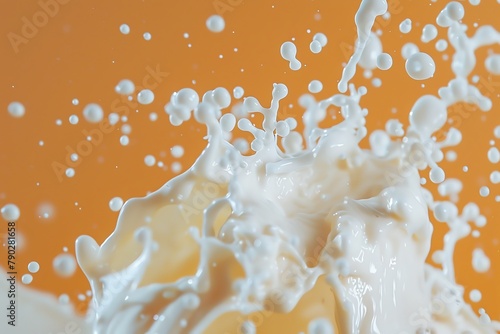 Milk draws an Scurve in the air, surrounded by grains, solid color background, liquid effect presentation, clean picture, simple effect, Canon camera, studio lighting. photo
