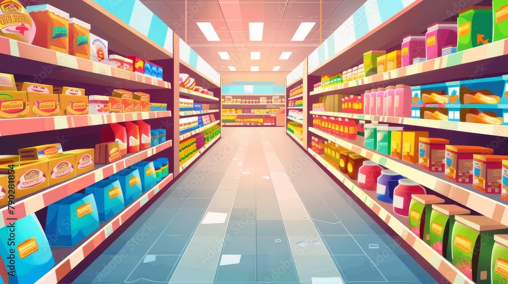 The aisles of a grocery store and the shelves with food modern ...