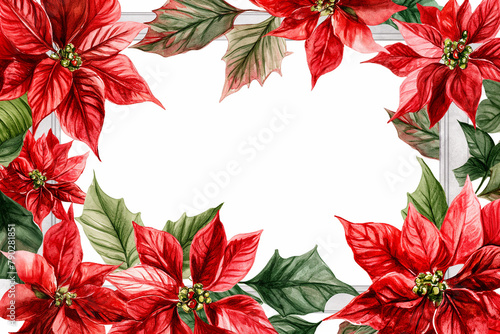 Festive watercolor poinsettias positioned in the corners, with a prominent white framed center for writing seasonal wishes, classic and refined