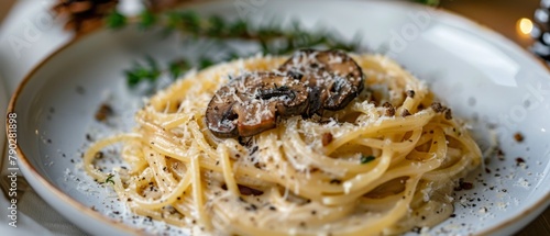Plate of Pasta With Mushrooms and Parmesan Cheese