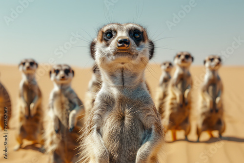 An image of a group of meerkats standing alertly on their hind legs, scanning the desert for threats © Natalia
