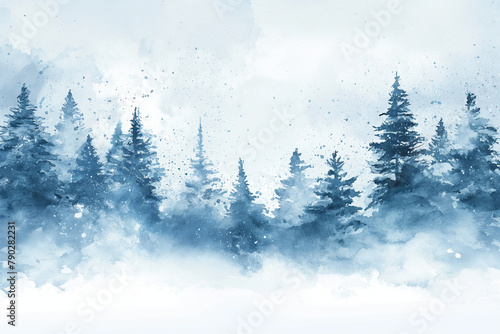 Soft watercolor winter landscape, gentle brush strokes depicting a snowy forest, ample copy space for heartfelt holiday greetings photo