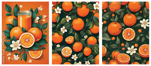 Sunrise Citrus. Fresh Orange Collection in Vertical Vector Background.