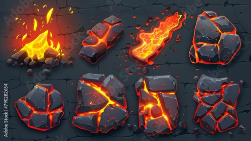 Modern volcanic set with cracks and light textures. Fire and magma in broken stone effects with glow game illustration. Black coal object construction for hell geology background.
