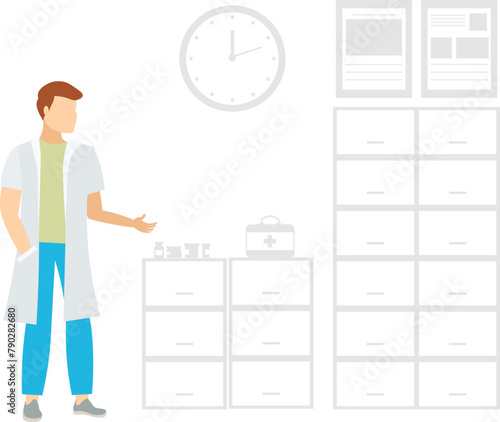 Medical clinic. A male doctor stands near cabinets with documents and medicines. Doctors and nurses.