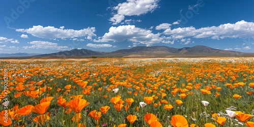 Field of Orange Flowers Under Blue Sky