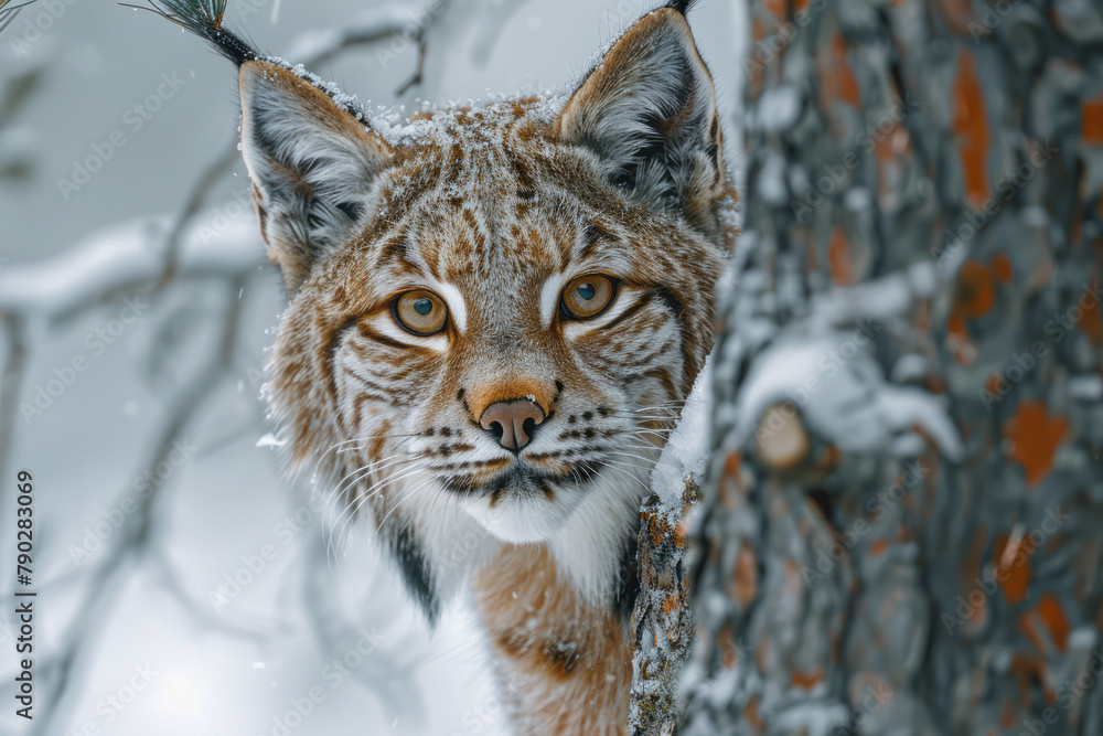 Obraz premium An image of a secretive lynx with its piercing eyes, hidden partially behind a tree in a snowy fores