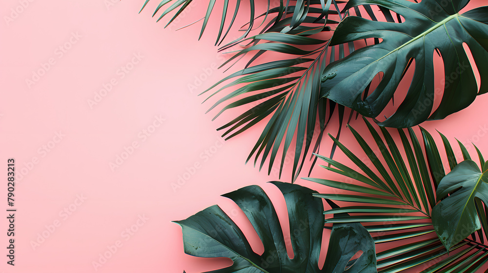 Pastel pink background with tropical leaf palm, monstera with a place for your product, copy space. Pastel pink background with tropical leaf palm, monstera with a place for your product, copy space.