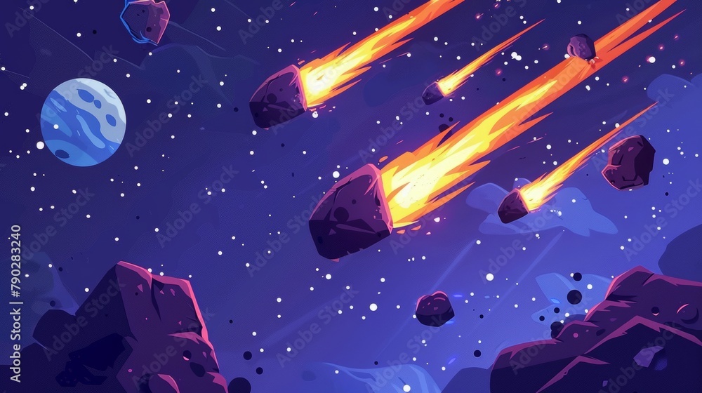 Galaxy falling asteroid and alien spaceship icon illustration, on a space background with a star and planet. Great collection of spacecraft clipart images.