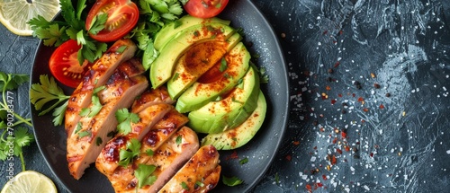 Plate of Chicken With Avocado and Tomatoes