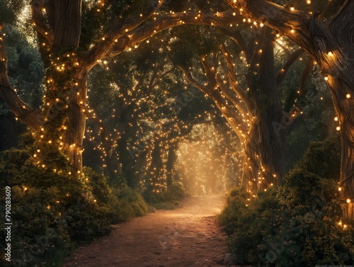 A path through a forest is lit up with Christmas lights. The lights are strung along the trees and the ground, creating a warm and inviting atmosphere