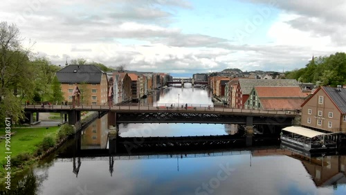 Aerial shot over old part of Trondheim in Norway