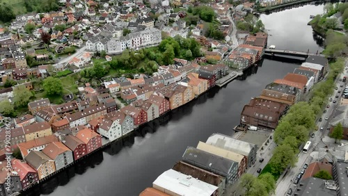 Aerial shot over old part of Trondheim in Norway