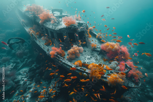 An image of an eerie shipwreck, now a thriving artificial reef, colonized by corals, sponges, and sc photo