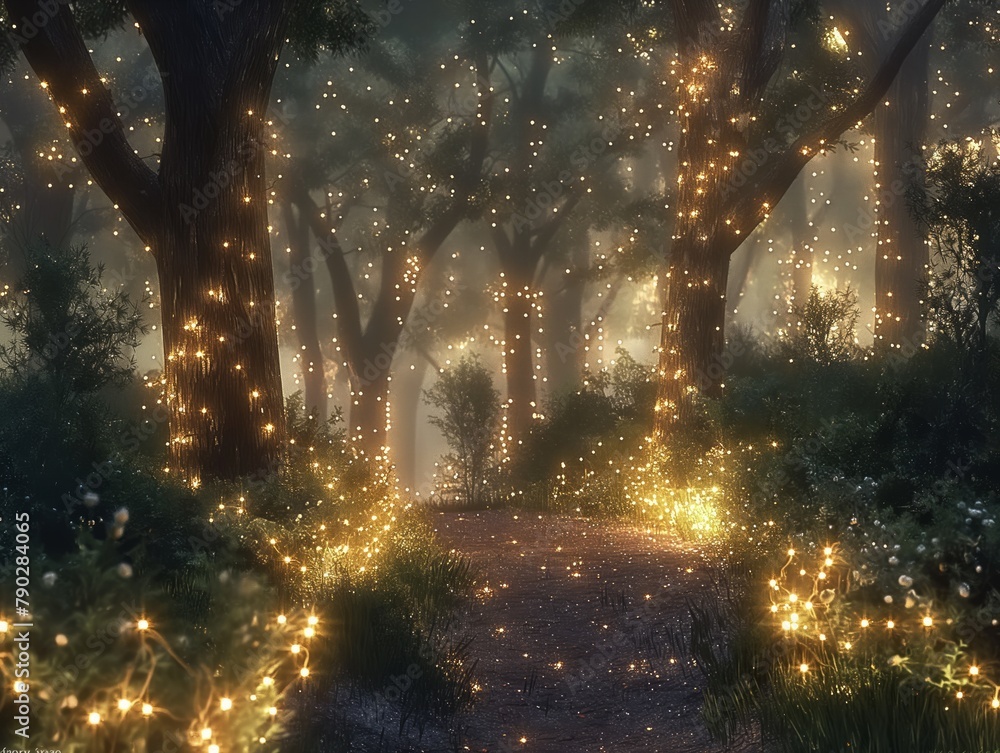 A forest path is lit up with glowing lights, creating a magical and enchanting atmosphere. The lights are scattered throughout the trees and the ground, illuminating the path