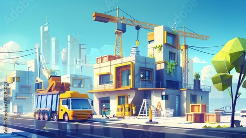An illustration of a worker building a house with crane equipment. Construction project with a contractor team concept for maintenance. A food truck is near a man in a safety helmet holding