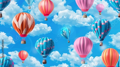 Three realistic 3D colorful hot air balloons in blue sky with white clouds. Seamless pattern of blue, pink and orange aircraft with basket.