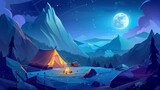 Camp tent and mountain landscape cartoon background with moonlight and stars in sky above picnic outdoors with fire and grill. Trekking activity at the campsite at night and nature exploration.