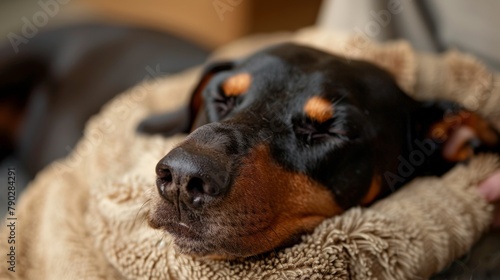 Cute doberman dog lounging on the gray sofa bed under soft blanket in living room. Happy or Tired sleeping or having rest, have lazy time animal