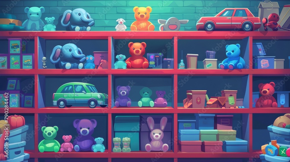 Modern illustration of a toy shop in the interior with a carousel of toys. The cart has a happy teddy bear, elephant, car, and plush bunny for kindergarteners. - obrazy, fototapety, plakaty 
