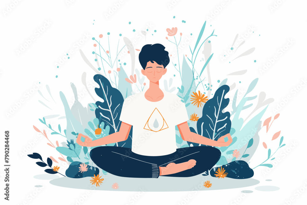  User practicing mindfulness meditation in lotus pose for mental calmness, self-consciousness, focus, and stress relief 