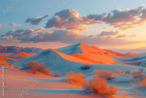 A panoramic view of a vast desert, the dunes forming undulating patterns and textures, highlighted b © Natalia