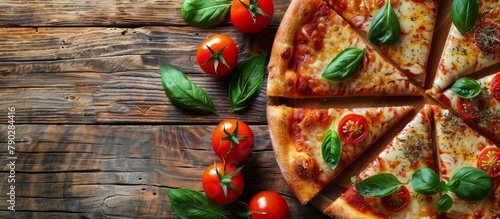 Pizza With Tomatoes and Basil on Wooden Table