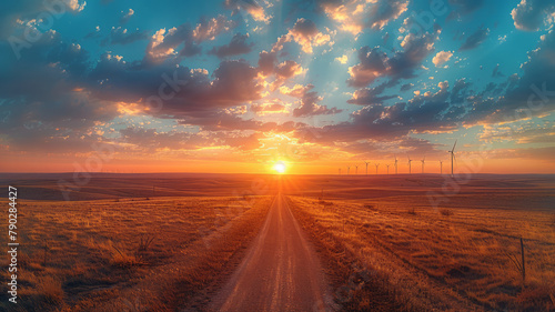 A panoramic view of a wind farm at sunset, the turbines casting long shadows across the land as they