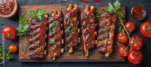 Wooden Cutting Board With Ribs and Sauce