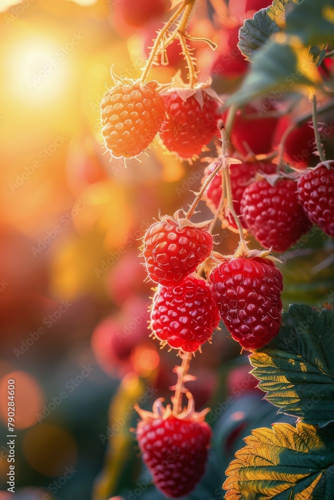 Raspberries Growing on a Tree With Sun Background Raspberries Growing on a Tree With Sun Background