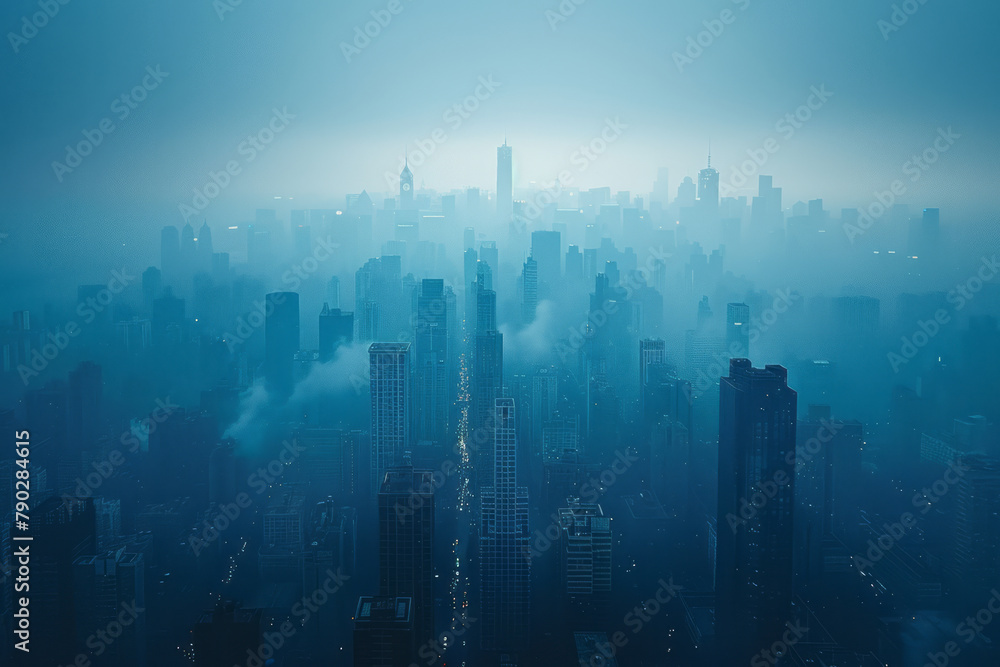 A photograph of a city skyline with visible air quality alerts, the environment a haze of pollution A photograph of a city skyline with visible air quality alerts, the environment a haze of pollution