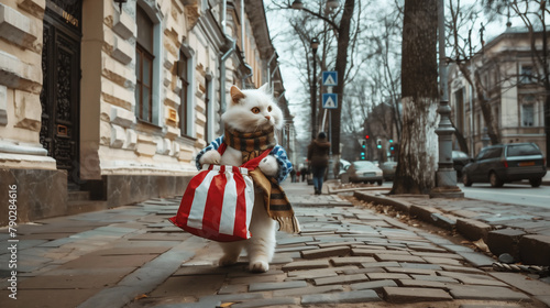 a human-like white cat dressed in a blue jacket, carrying a red striped bag, walking confidently on a cobblestone street, in America