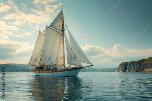 A photograph of a classic wooden yacht participating in a regatta, its polished wood and bright sail