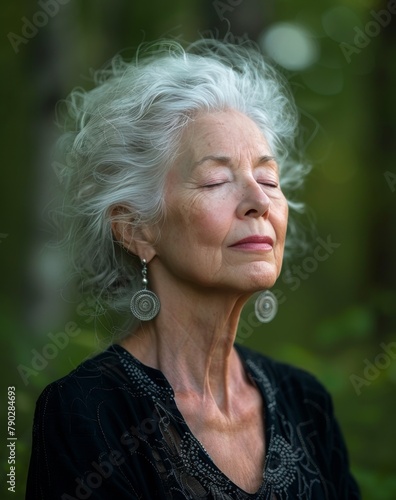 Older Woman With White Hair and Earrings