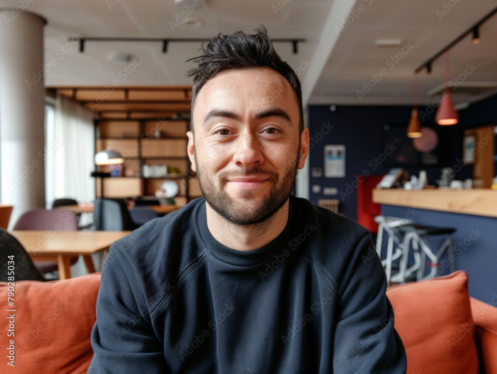 Content man with a slight smile sitting on a couch in a modern office environment, facing the camera.